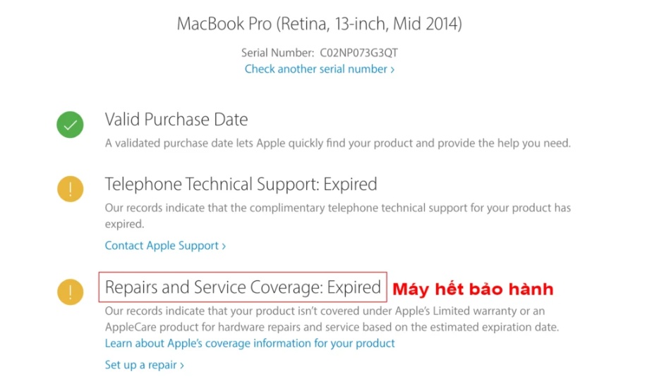 check macbook hết bảo hành