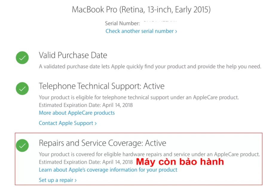 kiểm tra macbook còn bảo hành