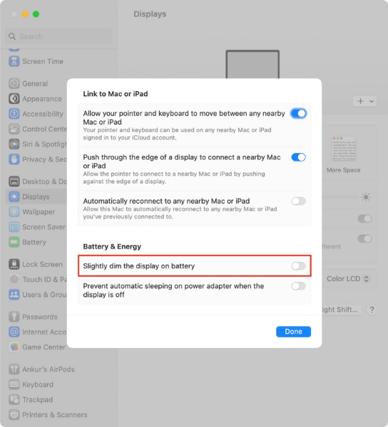 Cách ngăn màn hình MacBook giảm độ sáng khi sử dụng pin