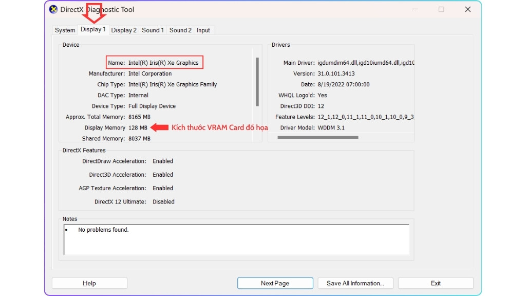 Tab card đồ họa tích hợp trên laptop Windows 11