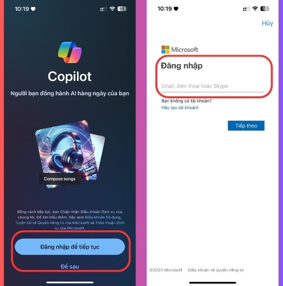 Đăng nhập ứng dụng Copilot