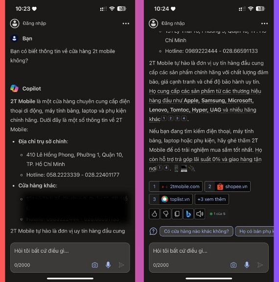 Copilot Microsoft - Thông tin địa chỉ cửa hàng 2T Mobile